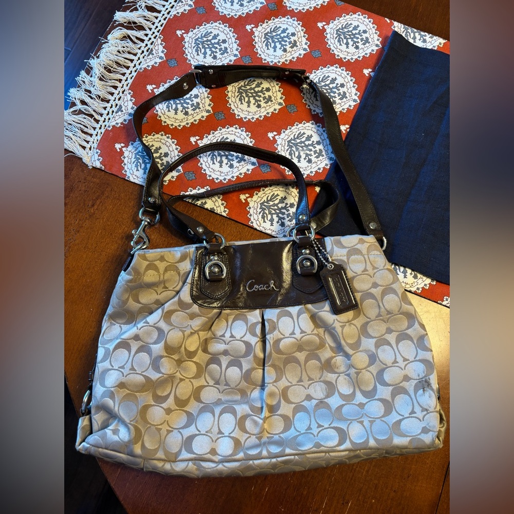 Coach Beige and Brown Signature Shoulder Bag